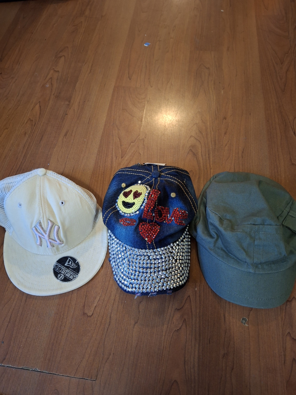 Lot of 3 Caps NY Yankees New Era 59FIFTY Rhinestone Love Denim Green Hat